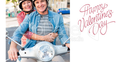 Composite image of happy mature couple riding a scooter in the c