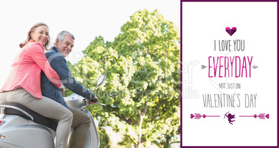 Composite image of happy senior couple riding a moped