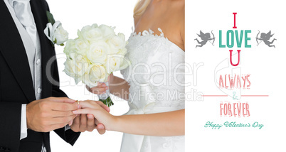 Composite image of young bridegroom putting on the wedding ring