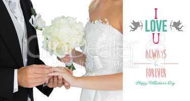 Composite image of young bridegroom putting on the wedding ring