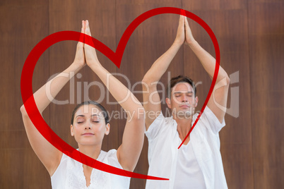 Composite image of peaceful couple in white doing yoga together