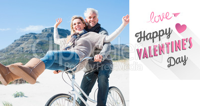 Composite image of carefree couple going on a bike ride on the b