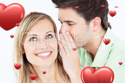 Composite image of young man whispering something to his attenti