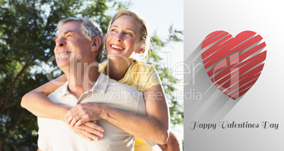 Composite image of happy senior man giving his partner a piggy b Composite image of happy senior man giving his partner a piggy b