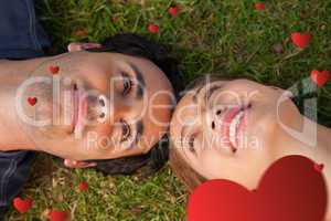 Composite image of close up of two friends looking at each other