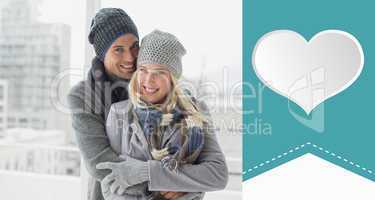 Composite image of cute couple in warm clothing smiling at camer