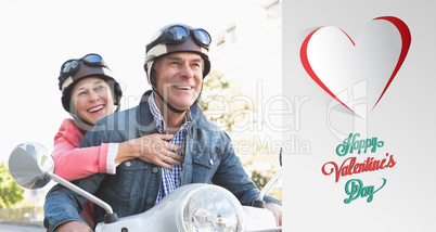 Composite image of happy senior couple riding a moped