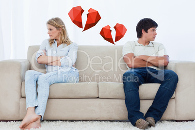 Composite image of a couple sit at the two ends of the couch wit
