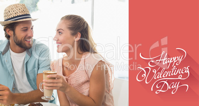 Composite image of happy couple enjoying coffee and cake