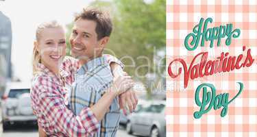 Composite image of couple in check shirts and denim hugging each