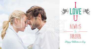 Composite image of cute smiling couple standing outside facing e