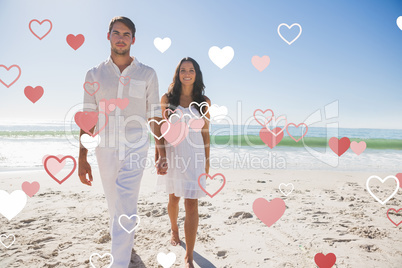 Composite image of beautiful couple holding hands and walking to