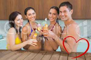 Composite image of cheerful people toasting drinks in the swimmi