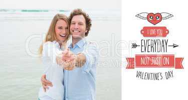 Composite image of portrait of cheerful couple dancing at beach