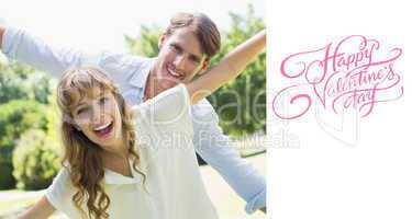 Composite image of attractive couple smiling at camera and sprea