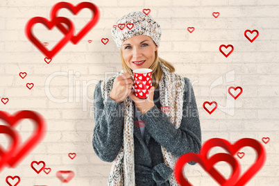 Composite image of smiling woman in winter fashion looking at ca