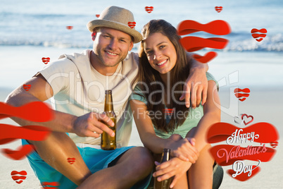 Composite image of smiling couple embracing while having a drink