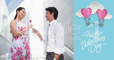 Composite image of man offering a red rose to girlfriend