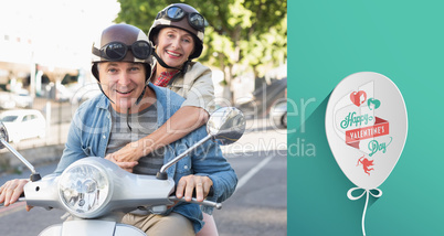 Composite image of happy mature couple riding a scooter in the c