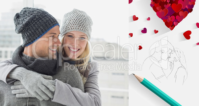 Composite image of cute couple in warm clothing hugging woman sm