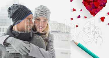 Composite image of cute couple in warm clothing hugging woman sm