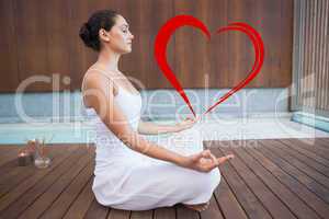 Composite image of peaceful brunette in white sitting in lotus p