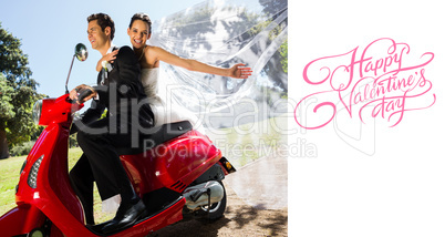 Composite image of newlywed couple enjoying scooter ride