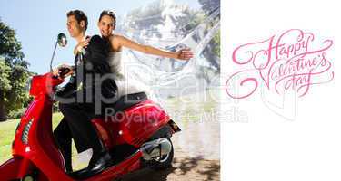 Composite image of newlywed couple enjoying scooter ride