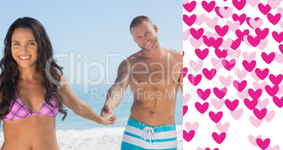 Composite image of happy couple holding hands