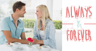 Composite image of hip young couple having desert and coffee tog