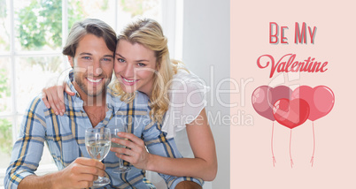 Composite image of cute smiling couple enjoying white wine toget