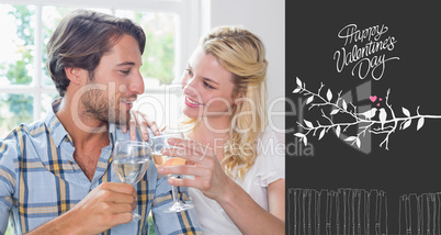 Composite image of cute smiling couple enjoying white wine toget