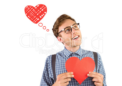 Composite image of geeky hipster holding a heart card