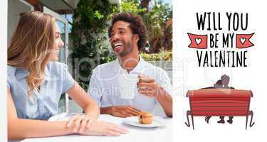 Composite image of happy couple having coffee together