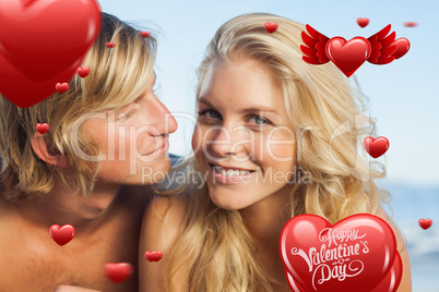 Composite image of close up view of couple lying while woman loo