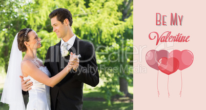 Composite image of couple dancing on wedding day