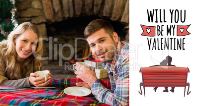 Composite image of smiling couple with tea cups in front of lit