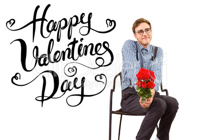 Composite image of geeky hipster holding a bunch of roses