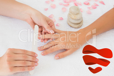 Composite image of nail technician filing customers nails