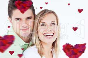 Composite image of young beautiful couple man looking at the cam