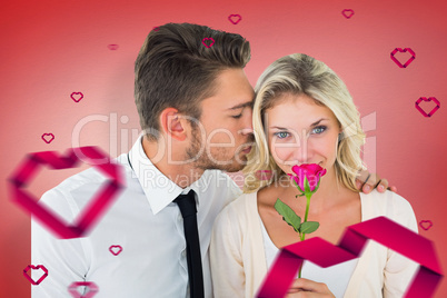 Composite image of handsome man kissing girlfriend on cheek hold