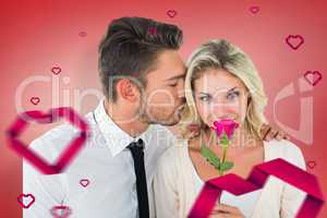 Composite image of handsome man kissing girlfriend on cheek hold