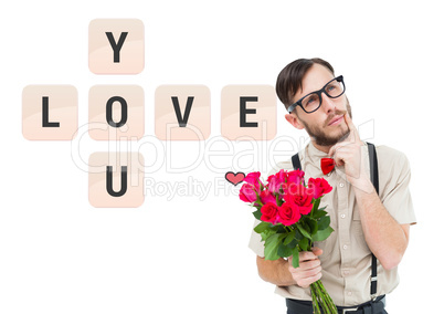 Composite image of geeky hipster offering bunch of roses