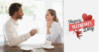 Composite image of happy couple on a date having coffee