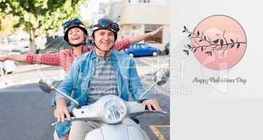 Composite image of happy mature couple riding a scooter in the c