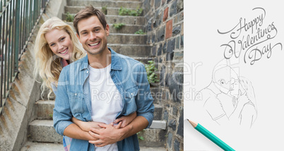 Composite image of hip young couple sitting on steps smiling at