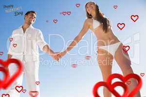 Composite image of pretty blonde holding hands with boyfriend