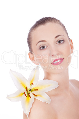 young beautiful woman portrait with white flower