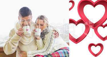 Composite image of loving couple in winter wear drinking coffee