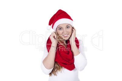 young beautiful woman with red scarf and christmas hat